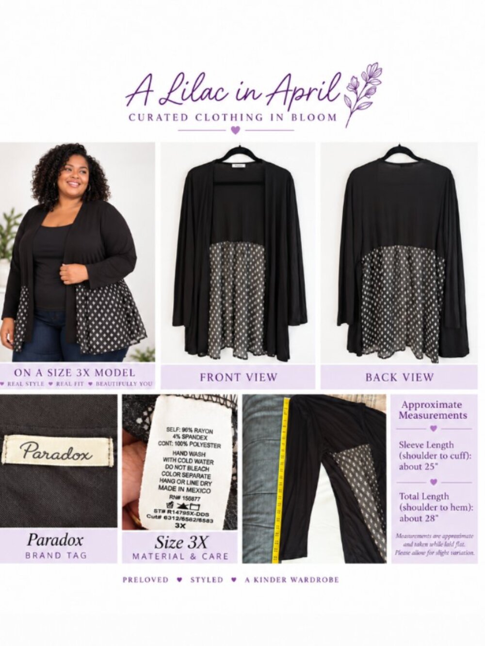 Paradox Size 3X Black Open-Front Cardigan with Patterned Hem